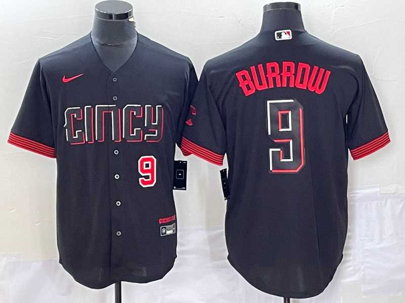 Mens Cincinnati Reds #9 Joe Burrow Number Black 2023 City Connect Cool Base Stitched Baseball Jersey